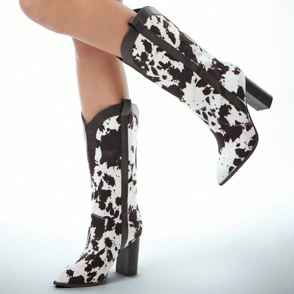 Multicolor Casual Women's Cow Print Cute Western Style Heeled Boots - Picture 5 of 7